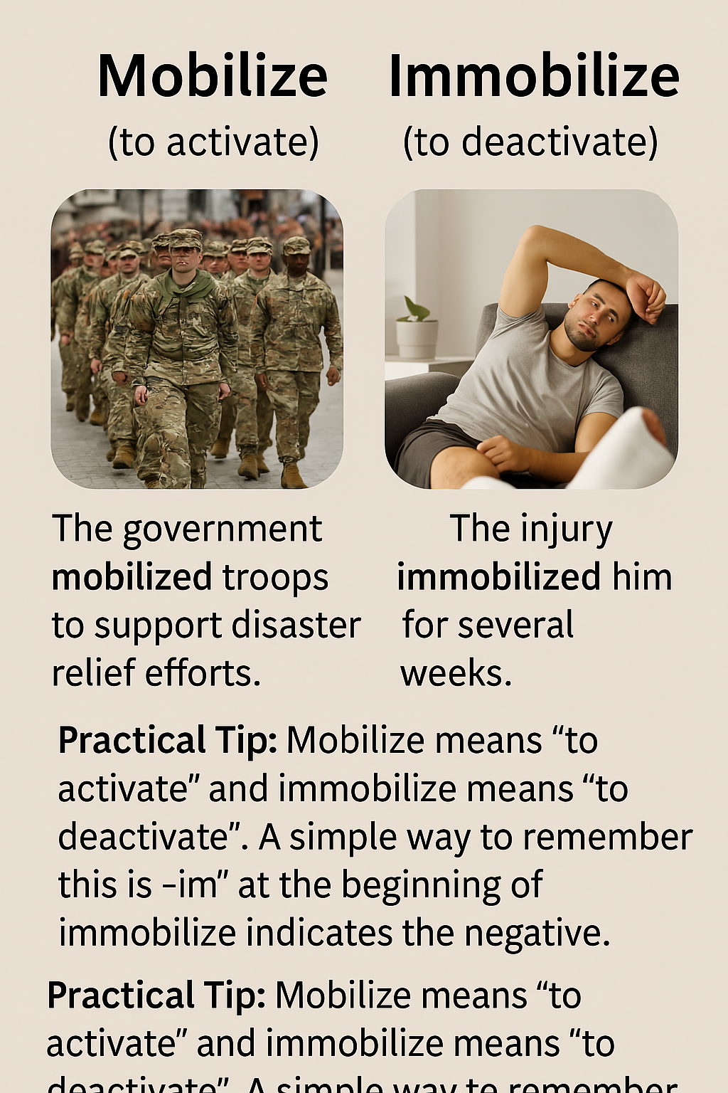 تفاوت بین mobilize و immobilize در زبان انگلیسی+مثال در جمله