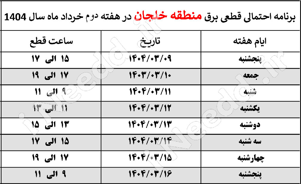 برنامه خاموشی برق منطقه خلجان هفته دوم خرداد ۴۰۴