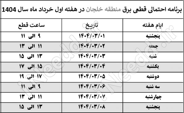 برنامه خاموشی برق منطقه خلجان هفته اول خرداد ۴۰۴