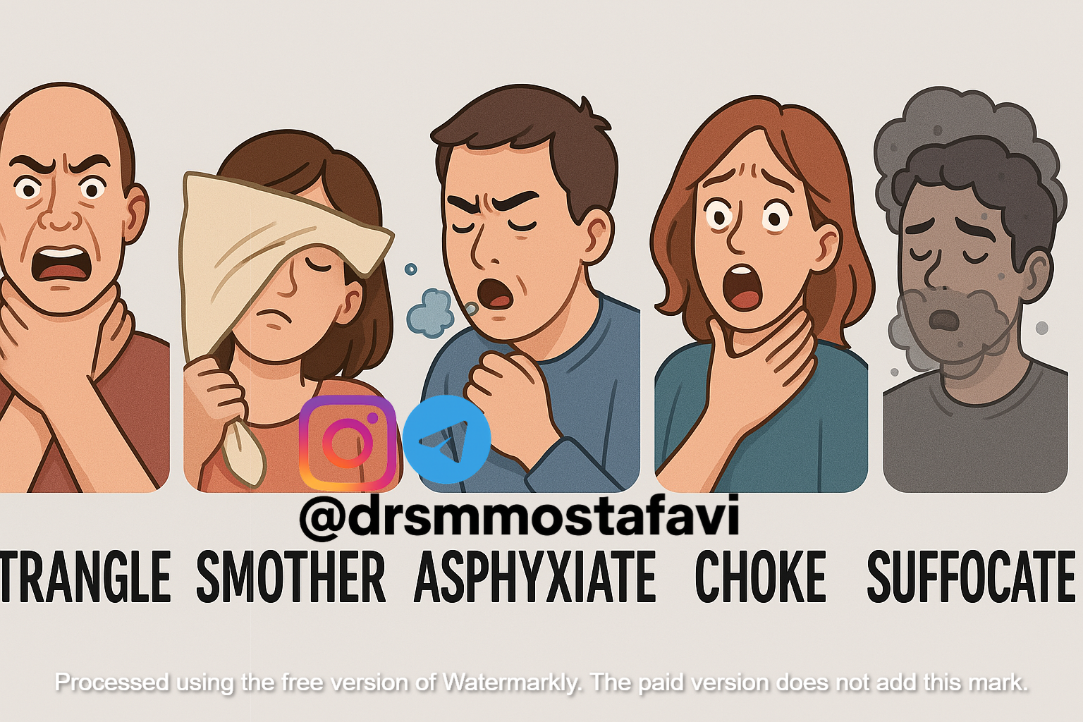 تفاوت ریز بین کلمات انگلیسی strangle, smother, asphixiate, choke, sufficate